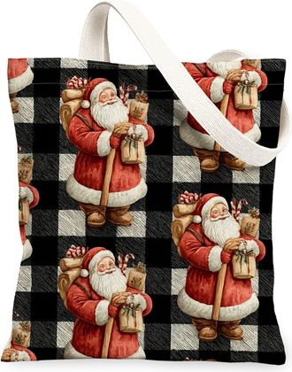 Generic Santa Canvas Tote Bags, Festive Holiday Pattern Reusable Shopping Bags, Cozy Vintage Style Lightweight Washable Shoulder for Gifts Shopping Travel 13x