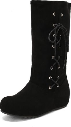 Generic Womens Retro Knee-High Suede Boots Side Lace-Up Detail Wedge Heel Round Toe Comfortable Anti-Slip Wear-Resistant for Daily Street Shopping,Black,3.5 U
