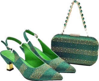 Generic Womens Shoes and Bags Set Sparkly Rhinestone Stripe Decoration Pointed Toe Heeled Shoes Chain Strap Shoulder Bag