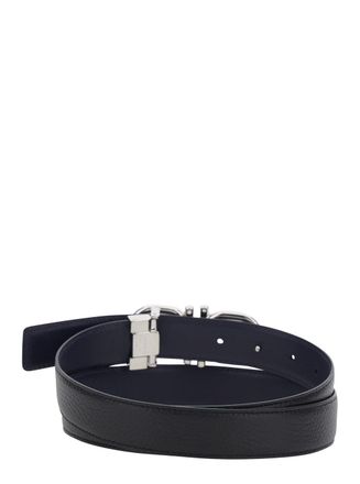 Ferragamo Mens Belt Double Gancini Buckle Blue Leather