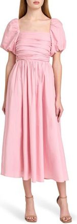 Wayf Lucy Ruched Puff Sleeve Midi Dress in Pink at Nordstrom, Size X-Large