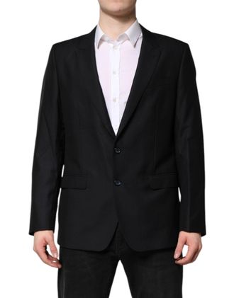 Dolce & Gabbana Mens Dark Blue Martini Wool Blazer Coat Jacket Black Virgin Silk Clothing