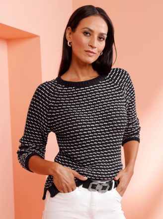 Heine Strickpullover HEINE Pullover, Damen, Gr. 34, schwarz, ecru, gemustert, 59% Polyacryl, 41% Baumwolle, gemustert, mehrfarbig, Pullover Strickpullover