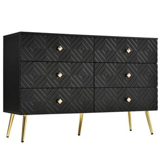 Urban Meuble Aparador negro de 6 cajones con motivos geom&eacute;tricos y patas doradas