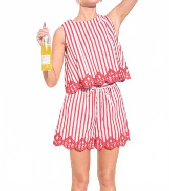 Skies Are Blue Clothing Strolling Seaside Striped Shorts With Embroidery Hem In Red/ White