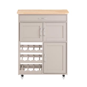 SoBuy Carrello Cucina Legno Credenza Grigio Con 1 Cassetto, 2 Armadietti E 2 Portabottiglie, Piano In Legno Di Hevea, Colore Di Cachi L67xp38xa87cm Fkw45-ka