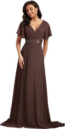 Ever-pretty Womens Double V-Neck Short Flutter Sleeves Empire Waist Elegant Chiffon Long Evening Dresses Espresso 18