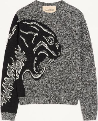 Valentino Valentino Cotton And Moulin&eacute; Wool Jumper With Panther Jacquard Man IVORY/BLACK 3XL