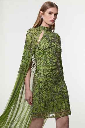 Karen Millen Womens Petite Premium Beading And Embellished Cape Detail Woven Mini Dress - Lime Green - Size 10 UK