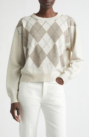 Johnstons of Elgin Clan Argyle Slouchy Cashmere Crewneck Sweater in Lunan Sand Colourway at Nordstrom, Size X-Large