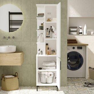 Dmora Armario Multiuso 1 Puerta Ramil, Perchero, 7 Estantes, Apertura Batiente, 45x174h Cm Blanco