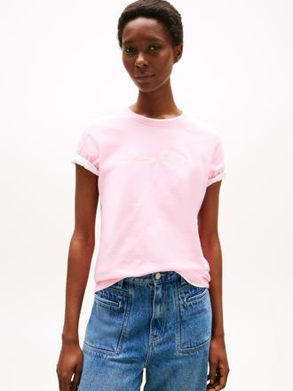 Tommy Hilfiger Kurzarmshirt TOMMY HILFIGER SCRIPT REG C-NK SS T-SHIRT, Damen, Gr. XXL (44), rosa (classic pink), Single Jersey, Obermaterial: 100% Baumwolle, unifarb
