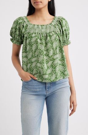 Bobeau Leaf Print Smocked Yoke Top in Green Fern Floral at Nordstrom, Size X-Large