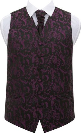DQT Woven Floral Passion Wedding Waistcoat & Scrunchie Cravat Set for Men - Black and Purple -46-3XL
