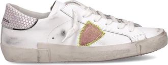 Philippe Model Unieke witte leren sneakers met roze python detail - Dames - Sneakers - Wit - 40 EU - Katoen - Schoenen