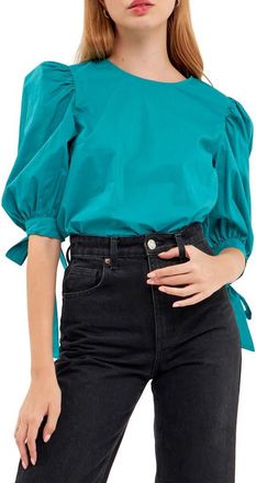English Factory Bow Banded Puff Sleeve Blouse in Teal at Nordstrom, Size X-Small