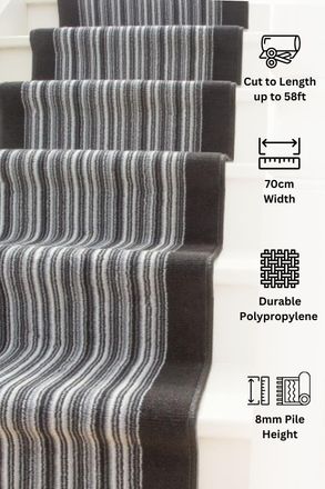 Kukoon Grey & Black Striped Cut to Measure Stair Carpet Runner Rug 70cm Wide | Size: 70 cm x 1770 cm