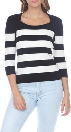 Rain + Rose Three Quarter Sleeve Sweater in Black Stripe at Nordstrom Rack, Size X-Large
