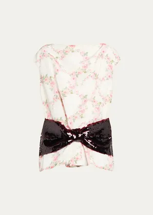Simone Rocha Boxy Floral Satin Sequined Bow Peplum Top