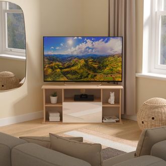 Lewis's Milan Corner TV Unit in White Gloss & Bardolino Oak - Ready Assembled - Lewiss Home | TJ Hughes