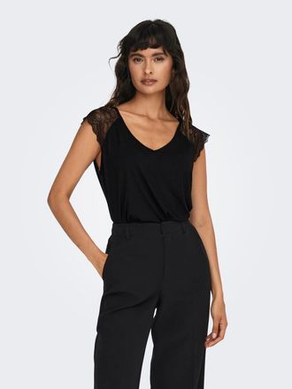 Only V-Shirt ONLY ONLPETRA S/S LACE MIX TOP CS JRS, Damen, Gr. XL, schwarz, Single Jersey, Obermaterial: 95% Viskose, 5% Elasthan, unifarben, slim fit norm
