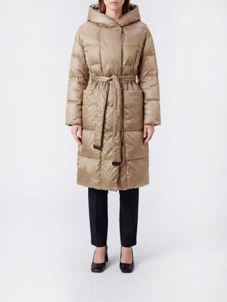Max Mara Long Hooded Down Jacket with Belt in Water-Repellent Nylon