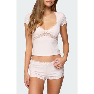 Edikted Arcadia Lace Trim Crop Top in Light-Pink at Nordstrom, Size Medium