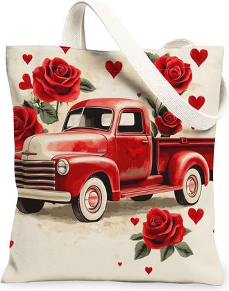 Generic Vintage Truck Canvas Tote Bags, Floral Heart Design Reusable Grocery Bags, Romantic Rustic Lightweight Washable Shoulder Strap Canvas for Shopping Bea
