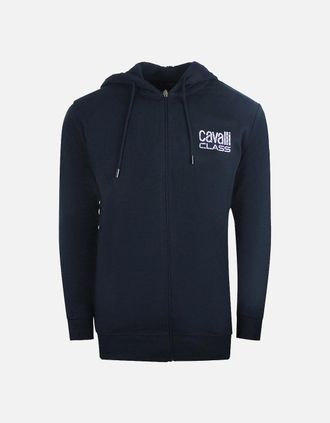 Roberto Cavalli Mens Cavalli Class Floral Bold Logo Navy Blue Zip Up Hoodie - Size: 38