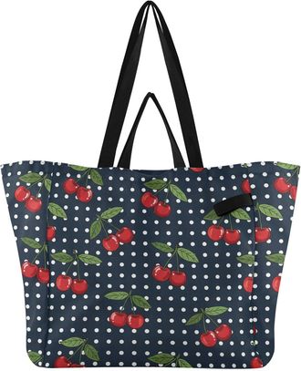 Generic Cherries Dots Black pattern Reusable Canvas Tote Bag, Heavy Duty Grocery Shopping Bag with Hard Bottom Double Handles Large Capacity Work Groceries Tr