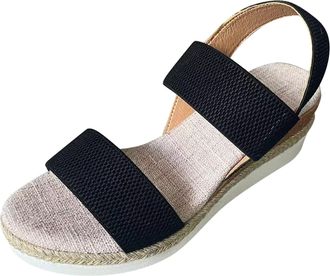 Generic Women Minimalist Wedge Sandals Fabric Slingback Vacation Sandals Summer Open Toe Platform Shoes 2 Strap Sandals Women Cute (Black, 5)