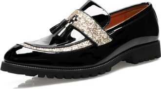 Generic Mens PU Leather Loafers with Glitter Tassels - Shiny Slip-On Dress Shoes for Wedding, Party, Prom & Formal Wear,Gold,8.5 UK