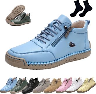 Generic Womens Handmade Leather Orthopedic Comfy Shoes - Lightweight Non-Slip Ankle Boots for Outdoor Casual Driving and Walking with Side Zipper(Blue,10.5)