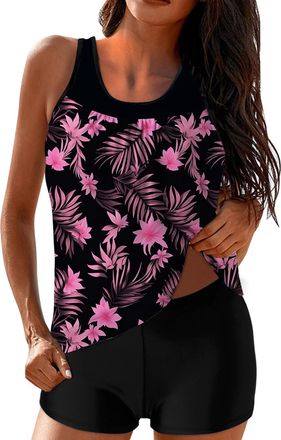 Generic 2 Piece Tankini Sets for Women Swimming Costume Floral Printed Tankini Top with Swim Trunks High Waist Boyleg Swimsuit Ladies Athletic Swimwear Set Tu