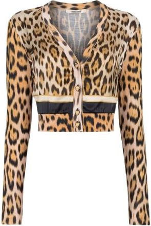 Roberto Cavalli Jaguar-Print Cropped Wool Cardigan - female - Roberto Cavalli - Cardigans - Brown - S - Knitwear