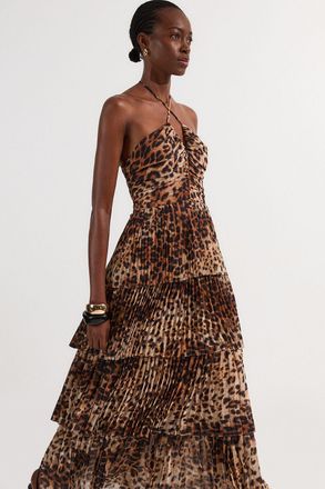 Karen Millen Womens Petite Animal Georgette Crinkle Tiered Halterneck Midi Dress - Size 14 UK