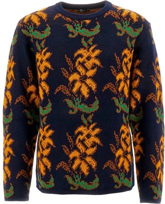 Etro Gebloemde Intarsia-gebreide wollen trui - Heren - Ronde hals truien - Veelkleurig - L - Wol - Truien & Vesten