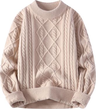 Generic Mens Aran Jumper Fairisle Cable Knit Jumper Long Sleeve Crew Neck Oversized Vintage Sweater Oversized Strickpullover Warm Long Sleeve Knit Jumpers Kha
