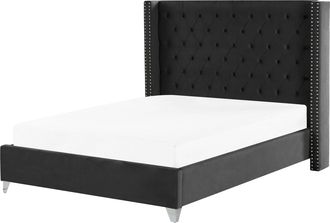 Beliani Cama Con Somier De Terciopelo Negro Plateado 160 X 200 Cm Listones Lubbon