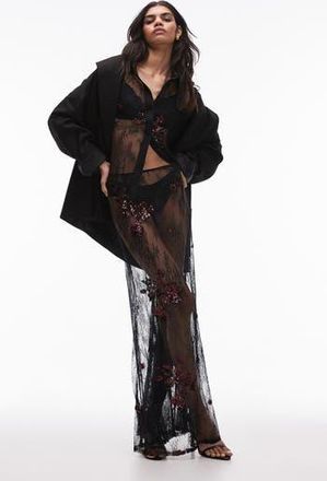 Topshop Sequin Embellished Sheer Lace Maxi Skirt in Black at Nordstrom Rack, Size 4 Us (Fits Like 0-2)