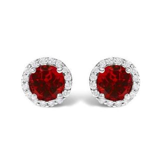 House of Brilliance 10K Gold Gemstone and 1/6 Cttw Diamond Halo Stud Earring in White | Red Garnet at Nordstrom