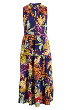 Vince Camuto Print Sleeveless Tiered Maxi Dress in Classic Navy at Nordstrom, Size 1 X