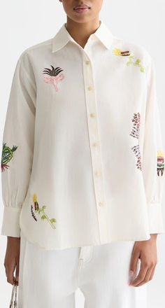 Scotch & Soda Embroidered Cotton & Linen Button-Up Shirt in Eggnog at Nordstrom, Size 12 Us