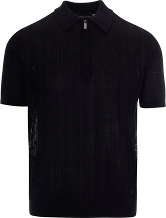 Emporio Armani Vertical Textured Knit Polo Shirt with Partial Zip Closure