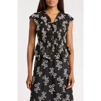 Ellen Tracy Floral Embroidered Sleeveless Cotton Voile Peplum Top in Black Floral Aop at Nordstrom Rack, Size X-Large