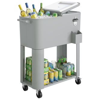 OUTSUNNY Carrito Nevera De 76l Con Ruedas, Estante, Abrebotellas, Recogetapas, Drenaje Y 2 Asas, Para Patio, Bbq, 92x39x81 Cm, Plateado