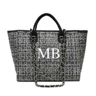 Generic Personalised Black Tweed Large Chain Initial Tote Bags