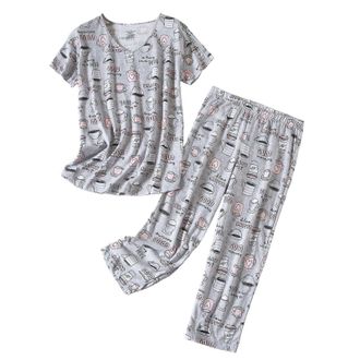 Generic Womens Pyjama Set Tops and Bottoms Cosy Sleepwear Summer Round Neck Suit Pajamas Short Sleeve Pajama Set for Women Robe (Grey, L)
