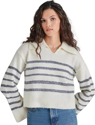 Steve Madden Esther Sweater Womens Ivory Striped Long Sleeve Cropped PALL332