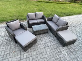 Fimous 7 Seater Garden Furniture Set Rattan Outdoor Lounge Sofa Chair With Tempered Glass Table 2 Big Footstool Dark Grey Mixed